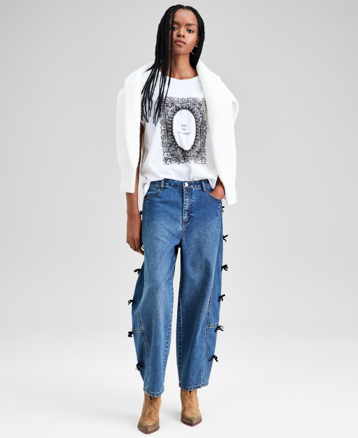 And Now This Women's Bow-detail Barrel-leg Jeans, Macy's Exclusive In Blue