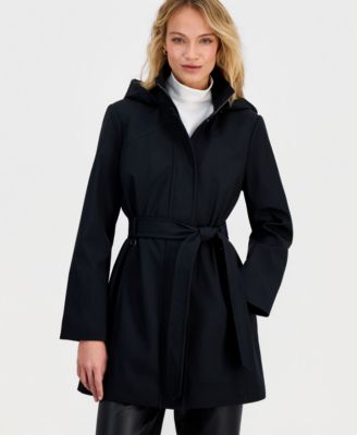 Women's Belted Hooded Zip-Front Raincoat