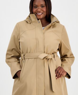 Plus Size Belted Hooded Zip-Front Raincoat