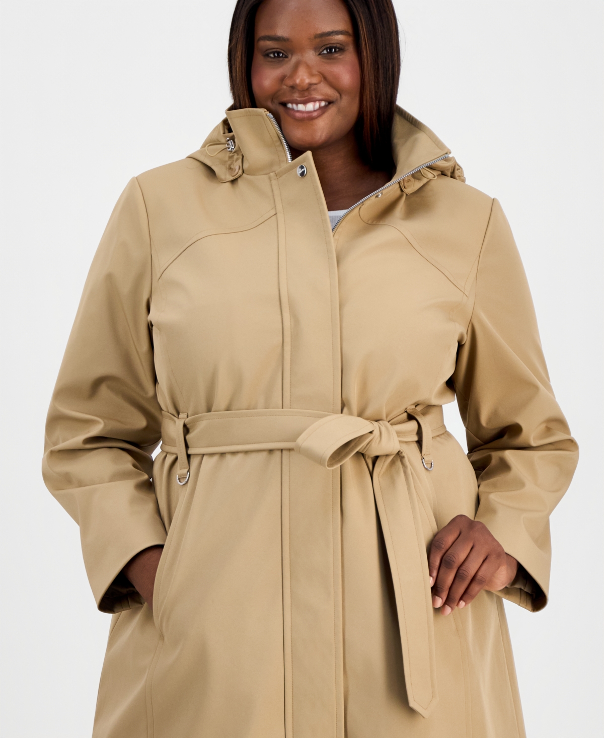 Calvin Klein Plus Belted Hooded Zip-Front Raincoat