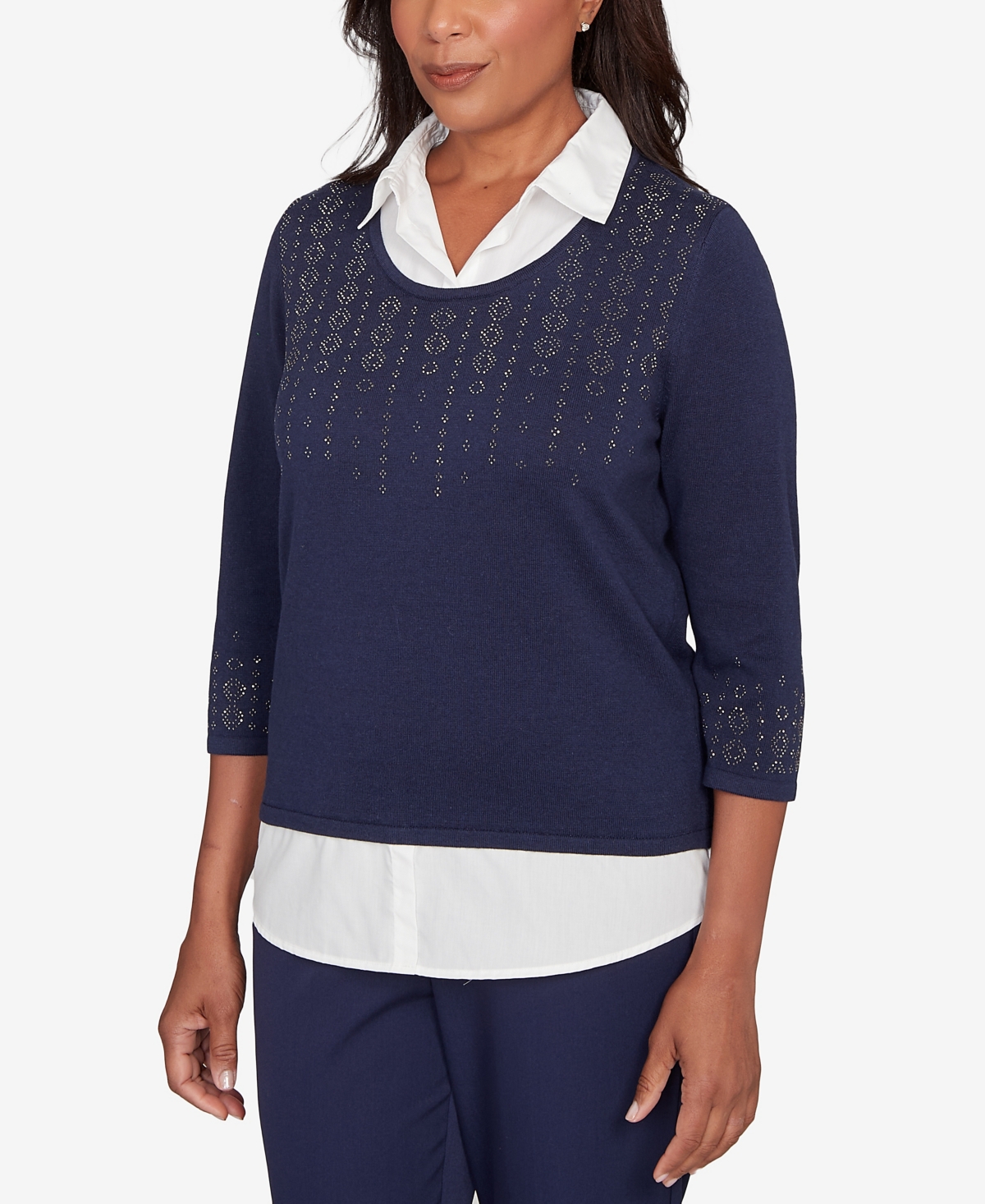 Alfred Dunner Women's Saratoga Springs Metallic Studded Textured Two In One Sweater In Blue
