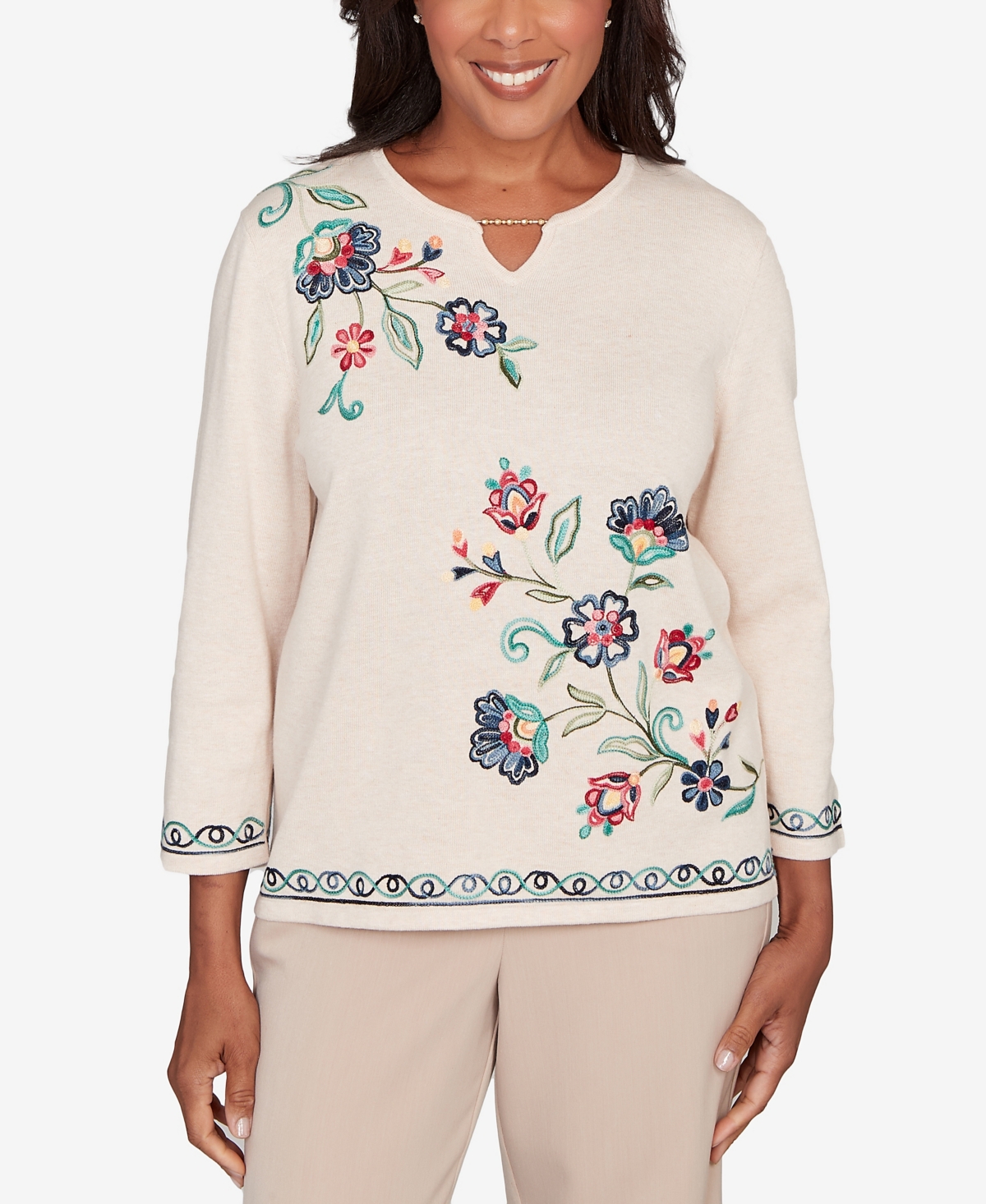 Alfred Dunner Plus Size Saratoga Springs Embroidered Floral Three-quarter Sleeve Sweater In Multi