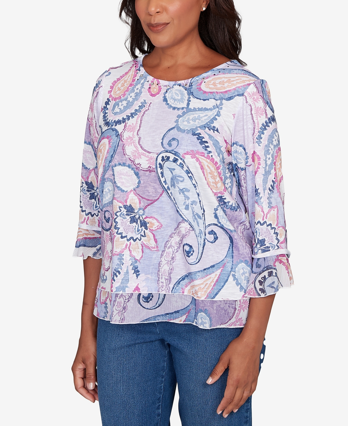 Alfred Dunner Women's Hilton Head Paisley Print Layered Hem Knit Top