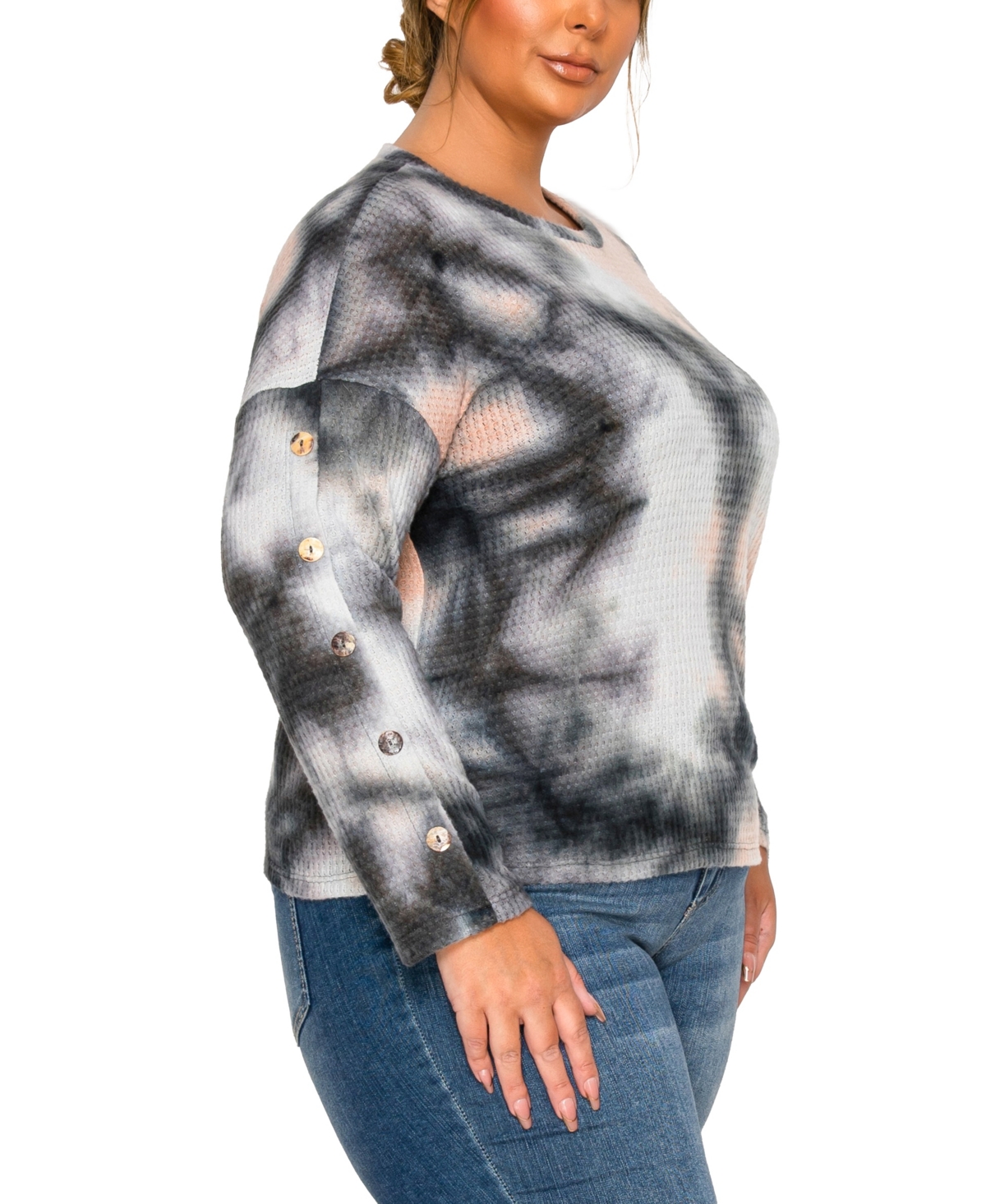Coin 1804 Plus Size Brushed Tie Dye Waffle Crew Neck Top In Gray