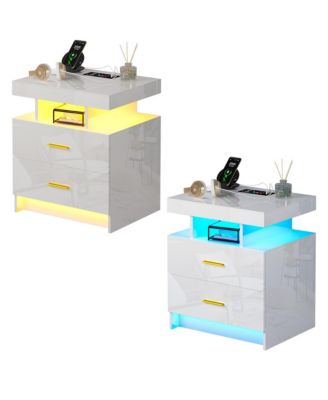 22.8" Wood LED Nightstand RGB Lights Auto Sensor Charging Station