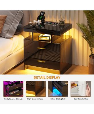 22.8" Wood LED Nightstand RGB Lights Auto Sensor Charging Station