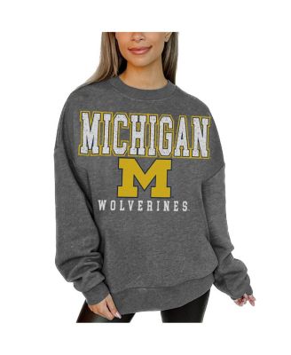 Women's Heather Charcoal Michigan Wolverines Oversized Distressed Fleece Pullover Sweatshirt