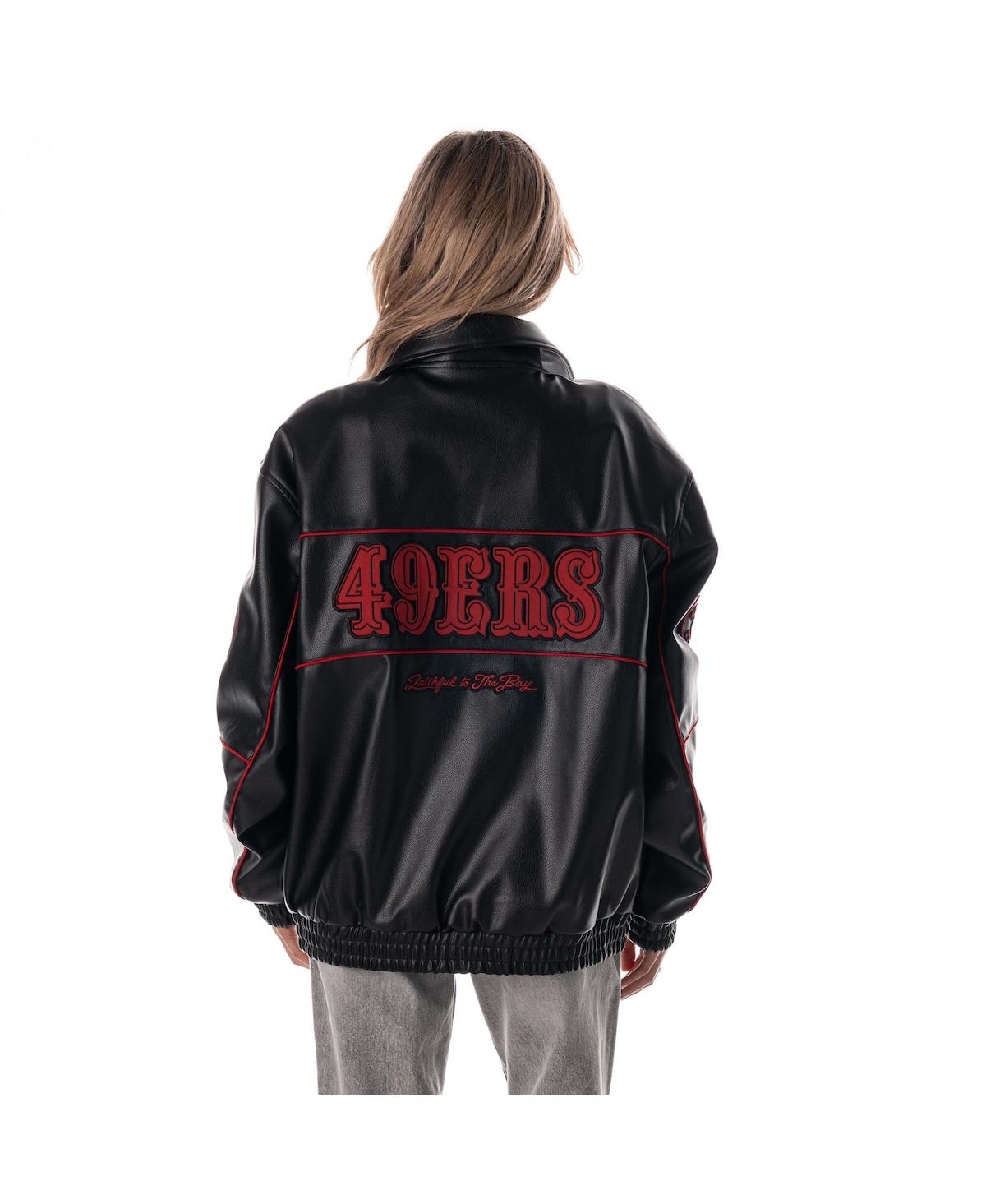 The Wild Collective Women's Black San Francisco 49ers Faux Leather Full-Snap Racing Jacket