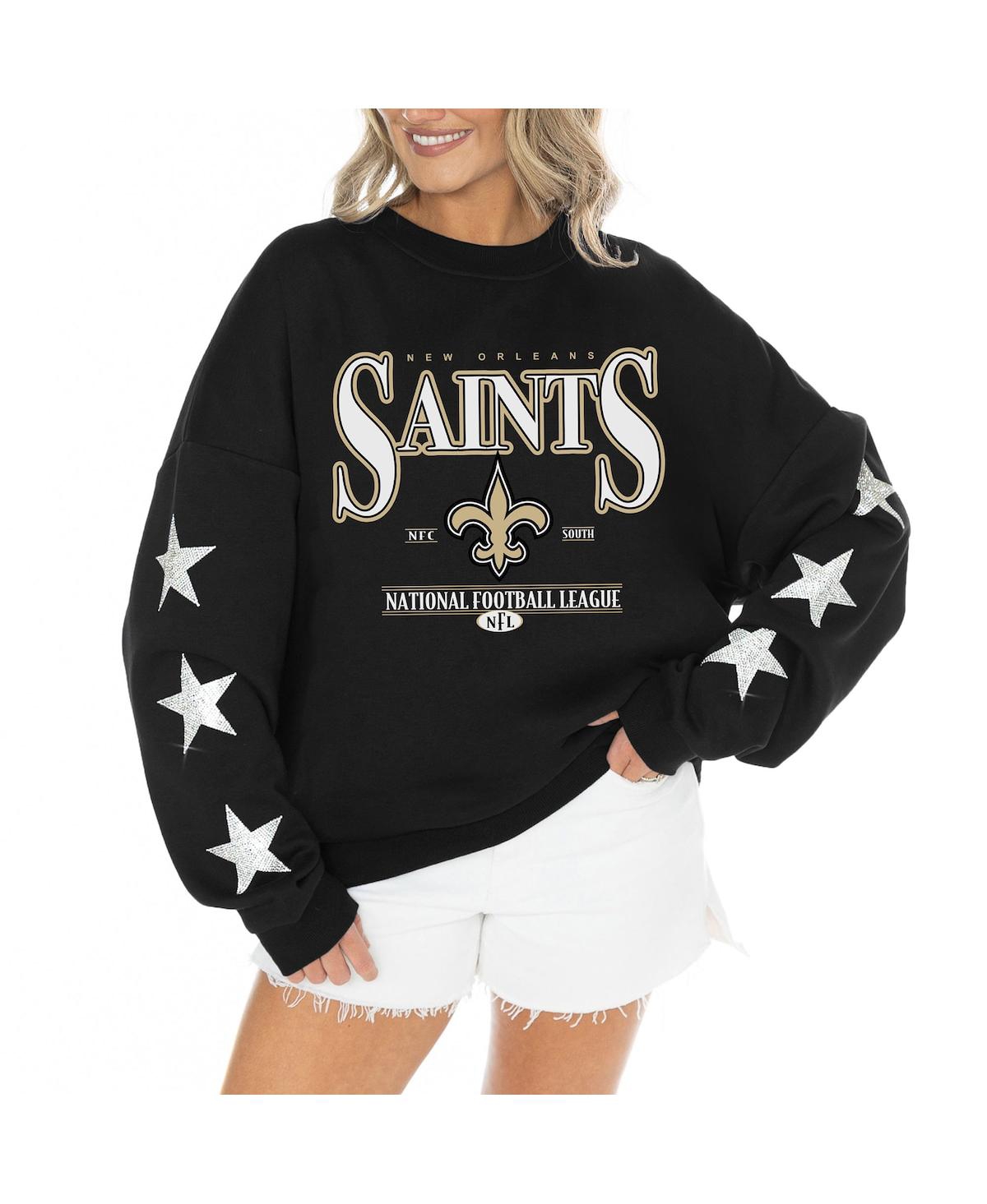 Gameday Couture Women's Black New Orleans Saints Rhinestone Star Sleeve Settle the Score Oversized Tri-Blend Pullover Top