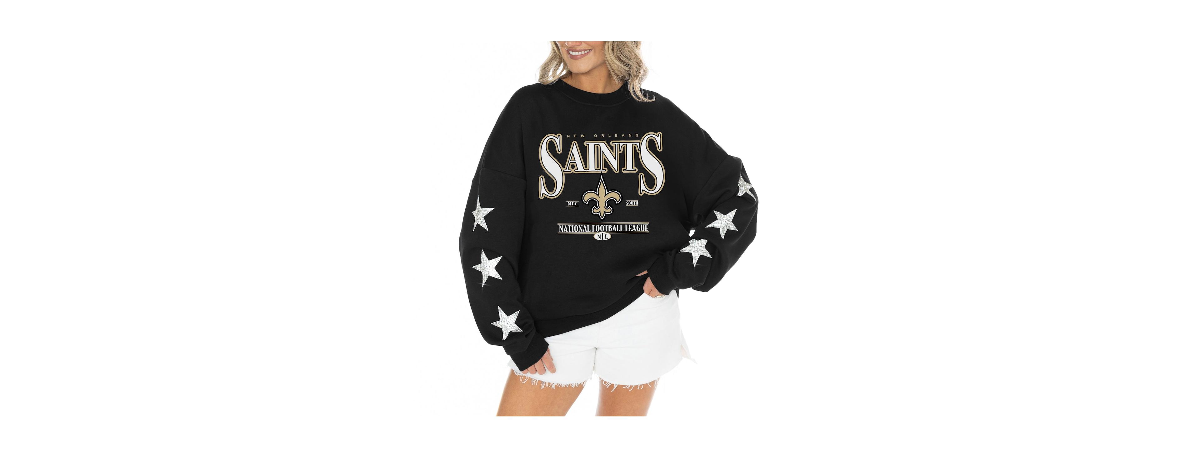 Gameday Couture Women's Black New Orleans Saints Rhinestone Star Sleeve Settle the Score Oversized Tri-Blend Pullover Top