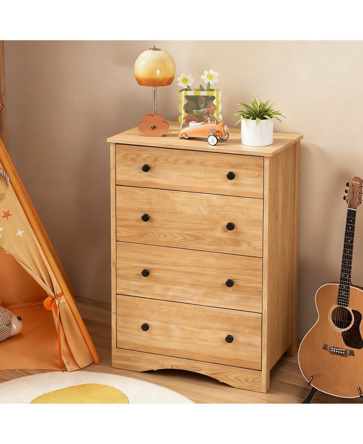 Airsurfer 4 Drawer Chest Brown Finish Modern Wood Dresser Storage Cabinet for Bedroom Living Room or Entryway