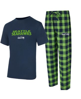 Concepts Sport - Men's College Navy/Neon Green Seattle Seahawks Avondale T-Shirt and Flannel Pants Set