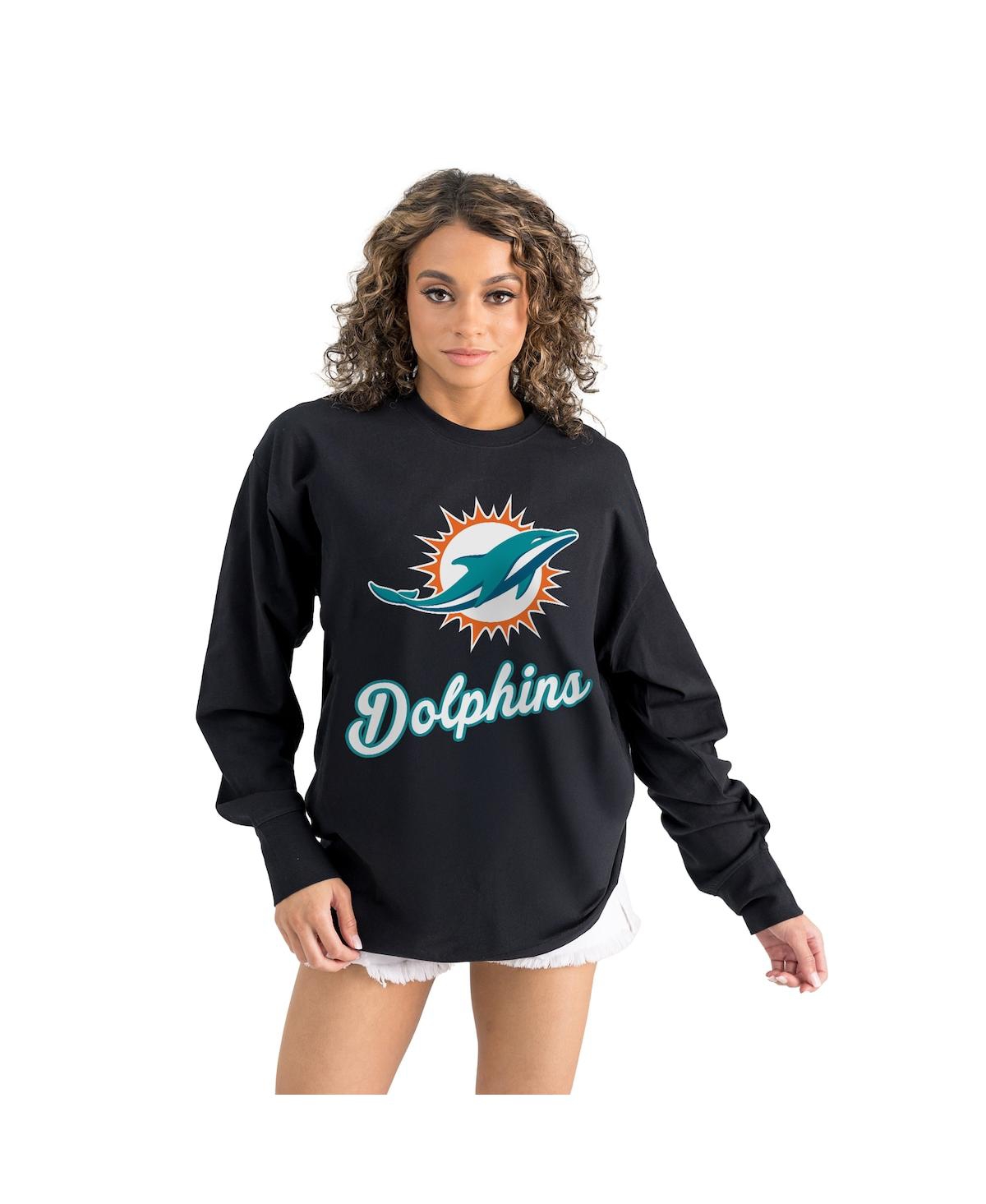 Gameday Couture Women's Black Miami Dolphins Oversized Long Sleeve T-shirt In Animal Print