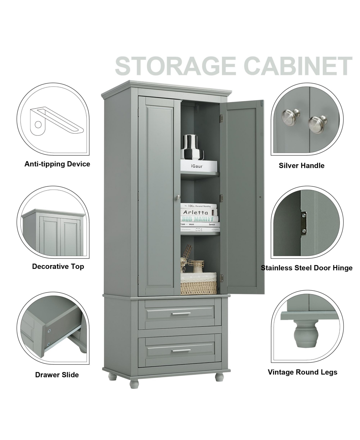 Airsurfer Tall Storage Cabinet with Two Drawers Grey Freestanding Organizer for Bathroom Office Living Room or Bedroom