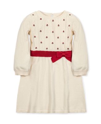 Toddler Girls Organic Embroidered Skater Sweater Dress with Bow