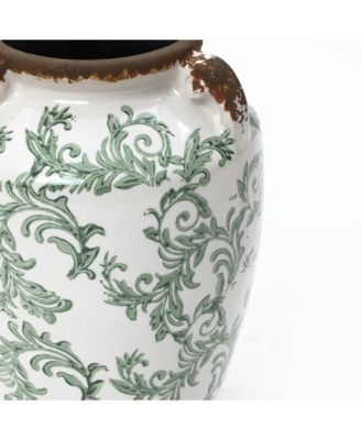 Green Floral Wide-Mouth Waterproof Ceramic Vase, 7.28" Round Indoor Home Decor