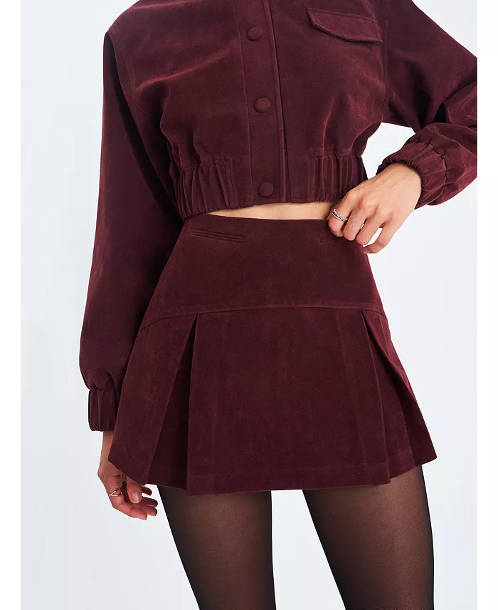 Women's Faryn Mahogany Faux Suede Pleated A-Line Mini Skirt