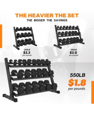 Rubber Hex Dumbbell Set with Rack - 550LB Capacity, Chrome Handles
