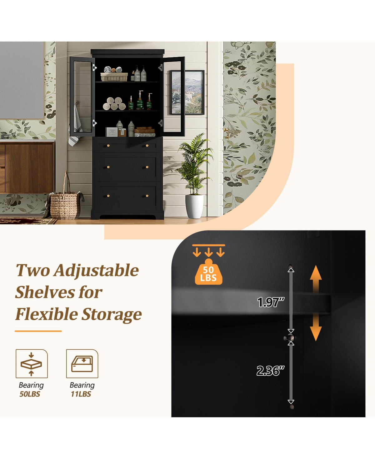 Airsurfer 70.1" Modern Tall Freestanding Bathroom Cabinet with 3 Drawers, 2 Adjustable Shelves, Soft-Close Glass Doors, Storage Cabinet for Bathr