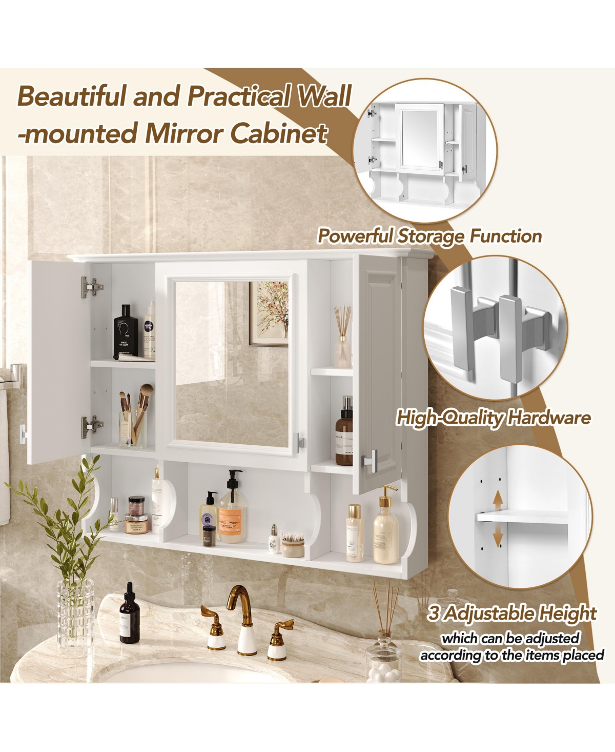 Airsurfer 35 x 28 Wall Mounted Bathroom Medicine Cabinet Modern Bathroom Wall Cabinet with Mirror and Open Shelves Mirror Cabinet for Bathroom Storage