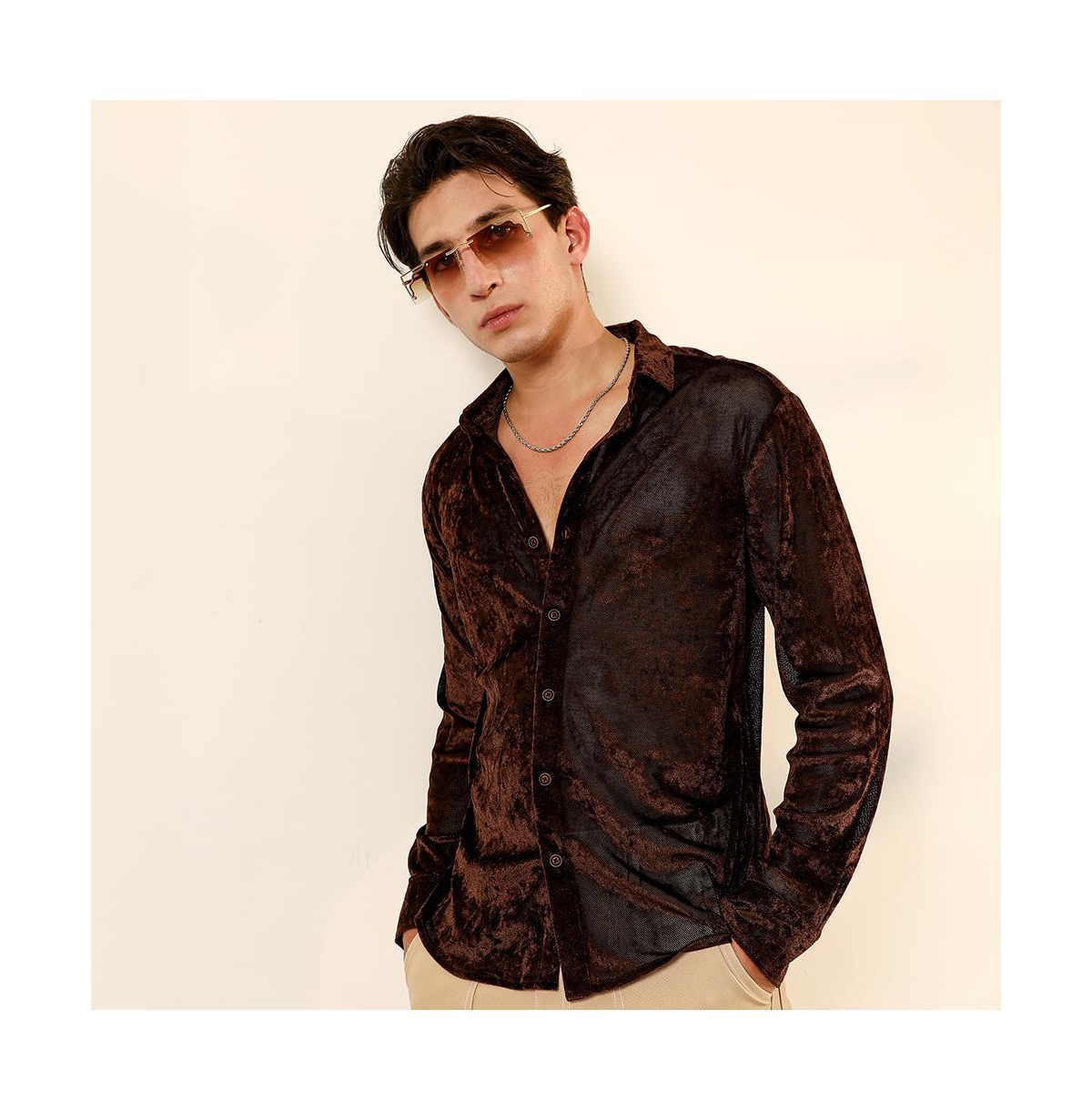 Campus Sutra Men's Chocolate Brown Solid Velvet Shirt