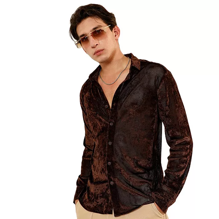 Men's Chocolate Brown Solid Velvet Shirt - thumbnail 2
