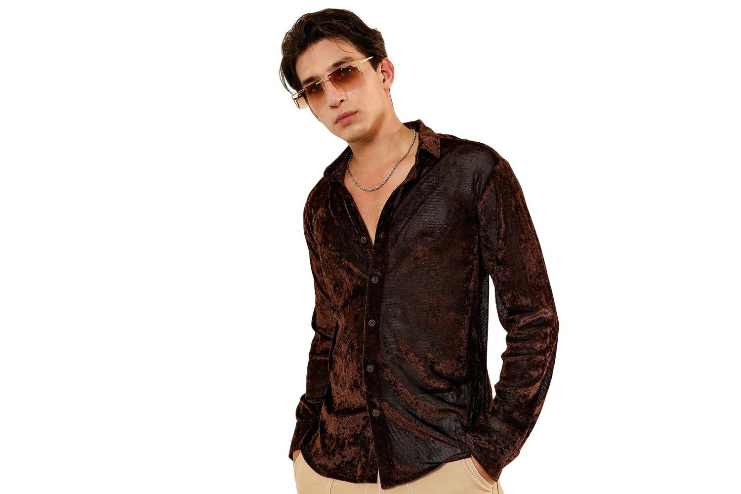 Men's Chocolate Brown Solid Velvet Shirt