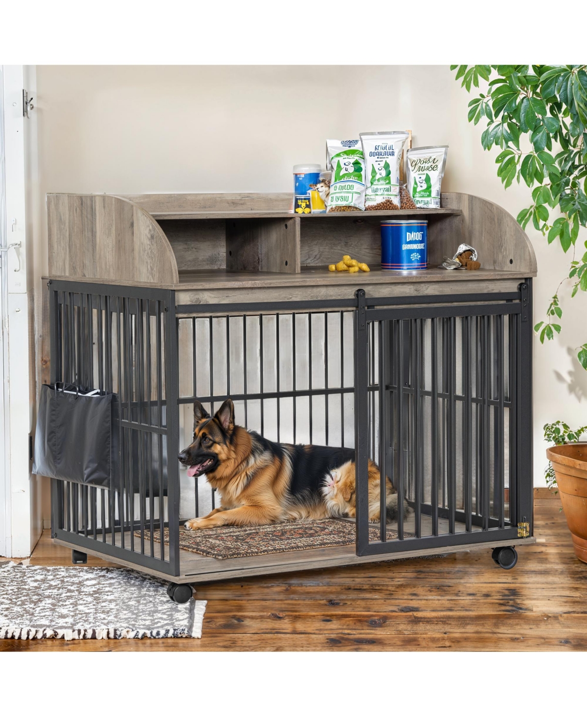 Airsurfer 44 Inch Heavy Duty Large Dog Crate Furniture Wooden Dog Kennel with Lockable Wheels End Table Crate Double Layer Storage Gray