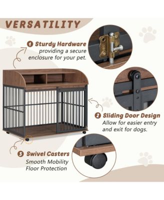 44 Inch Heavy Duty Large Dog Crate Furniture Wooden Dog Kennel End Table Crate with Lockable Wheels and Double Layer Storage Brown