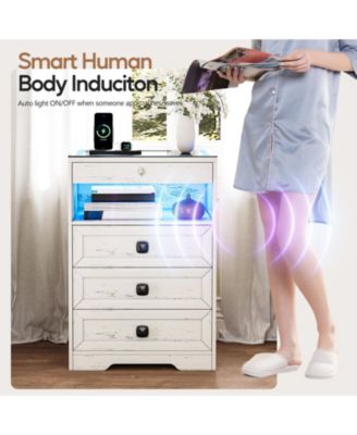 Smart LED Nightstand  Wood  3-Color Lights  Drawers & Charging Station