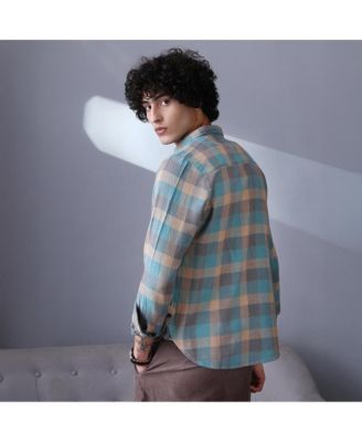 Men's Sky Blue & Ecru Beige Block-Buffalo Regular Shirt