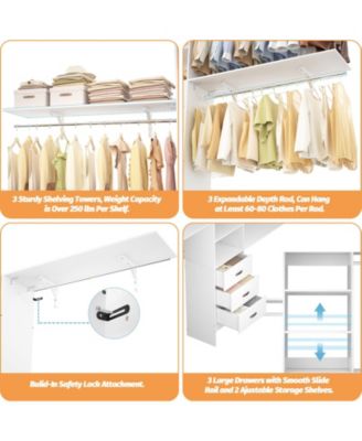120'' Heavy Duty Closet Organizer System with 3 Wooden Drawers, 10FT Walk-in Closet Organizer with 3 Shelving Towers