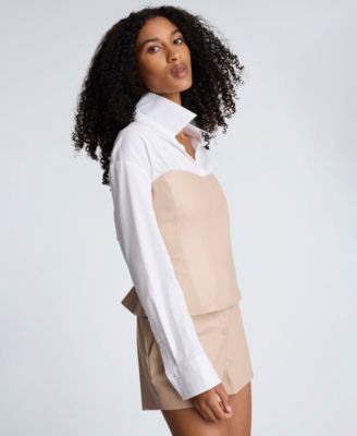 Women's Solid Poplin Y-Neck Long-Sleeve Shirt