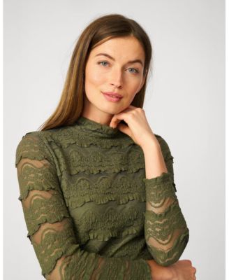 Women's Ruffle Lace Stretch Mock Neck Top