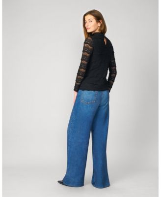 Women's Ruffle Lace Stretch Mock Neck Top