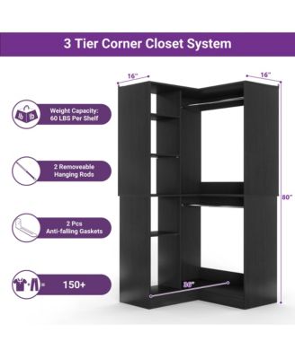 Freestanding Corner Closet System with 8 Shelves and 2 Hanging Rods, 36-Inch Closet Organizer for Bedroom