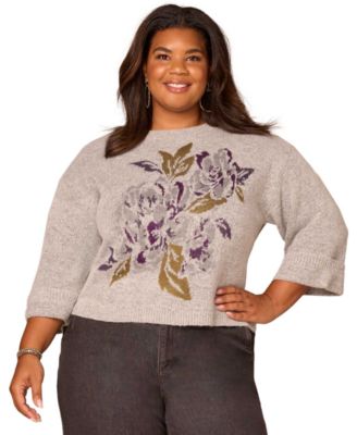 Democracy - Plus Size Cuffed Long-Sleeve Floral Jacquard Sweater