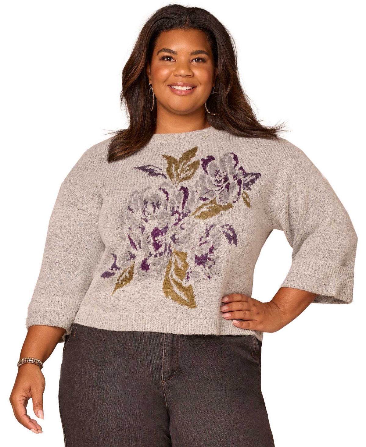 Democracy Plus Cuffed Long-Sleeve Floral Jacquard Sweater
