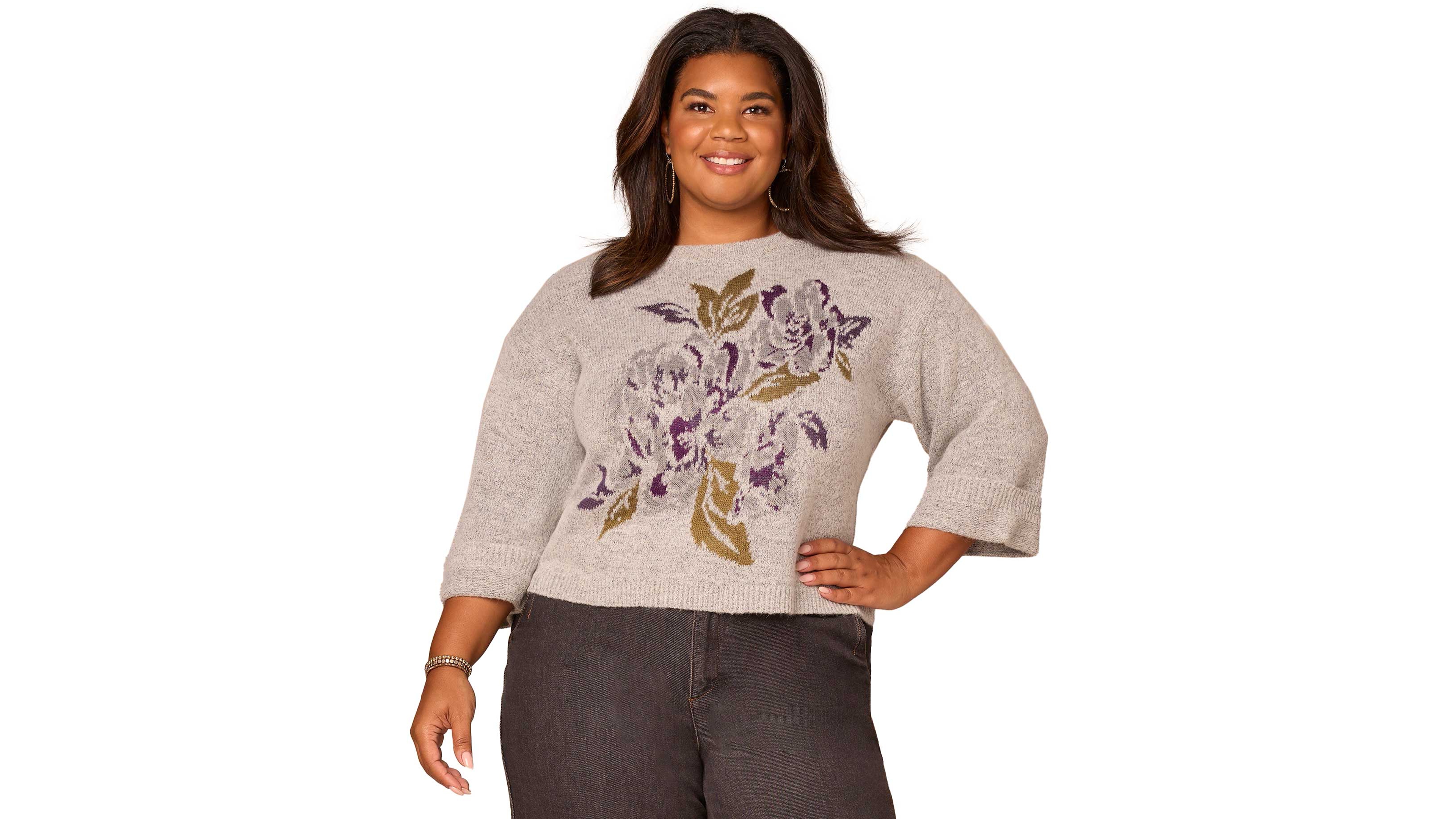 Democracy Plus Cuffed Long-Sleeve Floral Jacquard Sweater