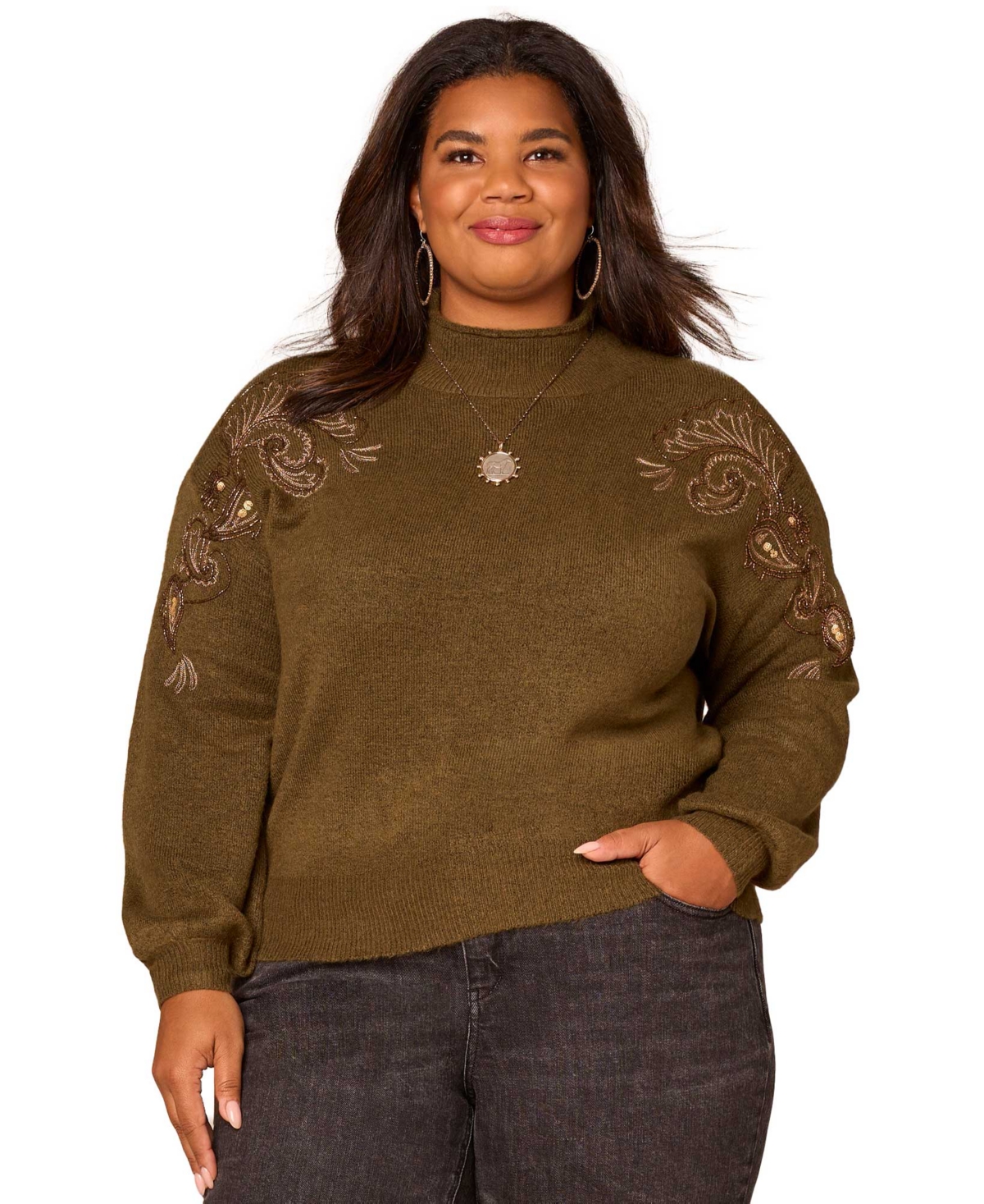 Democracy Plus Size Long Blouson Sleeve Mock Neck Sweater In Green