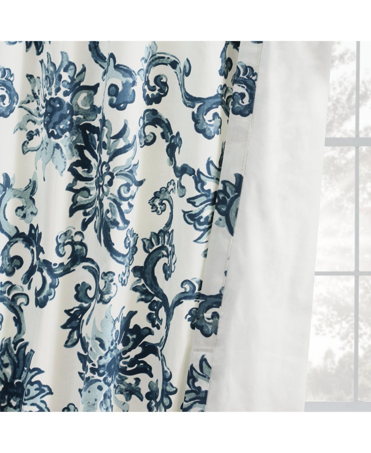 Half Price Drapes Indonesian Blue Floral Printed Cotton Room Darkening Curtain