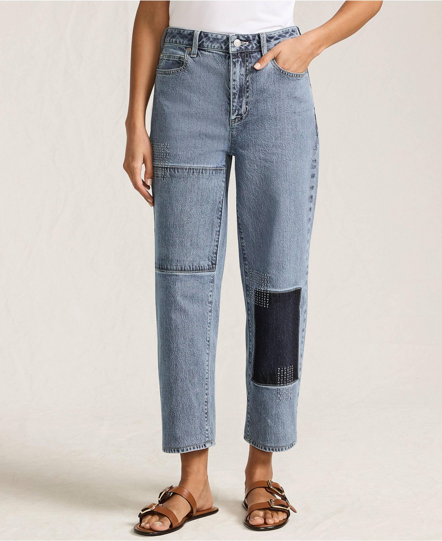 Women's Soft Denim Mid Rise Relaxed Straight Crop Patchwork Jeans