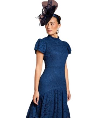 Women's Lace Frill Sleeve High Neck Midi Dress