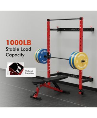 2" x 2" Folding Wall Mounted Squat Rack, 1000 Pounds Capacity Power Rack with Pull Up Bar, J Hooks and Other Attachments, Space-Saving Home Gym