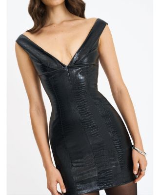 Women's Quilia Black Faux Crocodile Leather Plunge Mini Dress