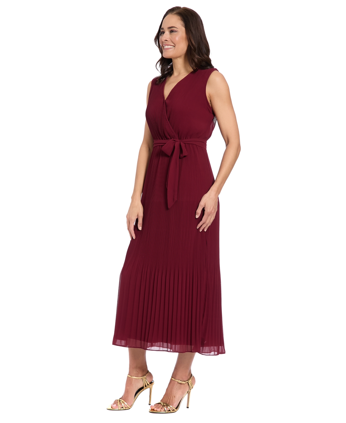 London Times Women's Pleated Midi Dress In Burgundy