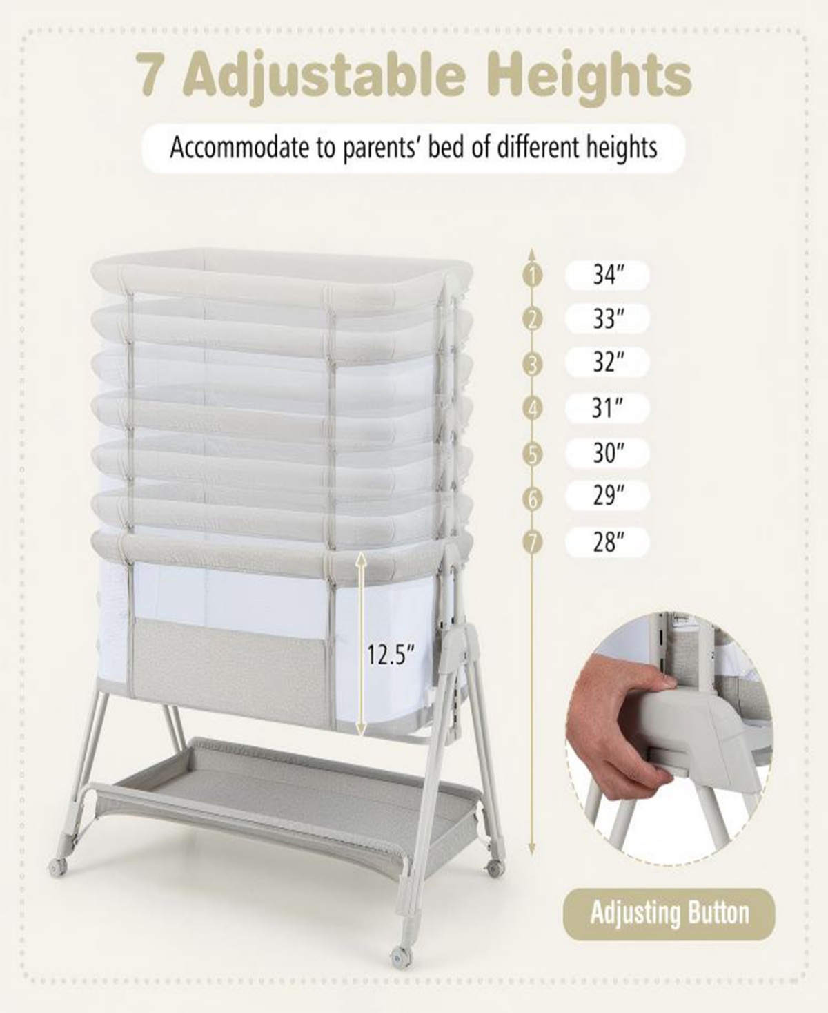 Gouun Portable Bedside Bassinet with 7 Adjustable Heights