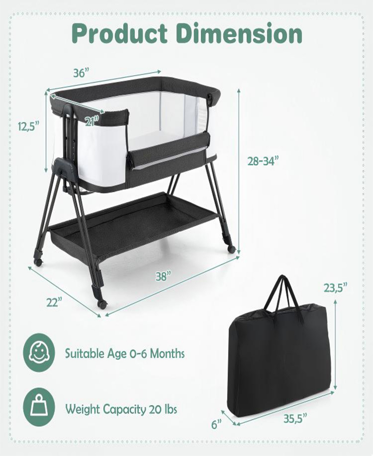 Gouun Portable Bedside Bassinet with 7 Adjustable Heights