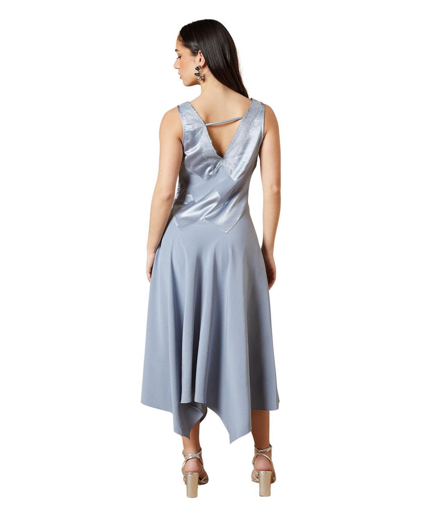 Женское платье Oasis V-Neck Mesh Asymmetric Midi, цвет: Синий — фото 3