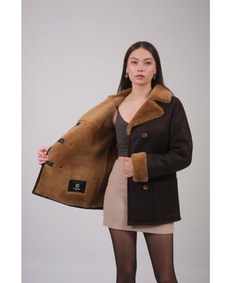 Women's Leather Sheepskin Peacoat, Brown, Created for Macy's